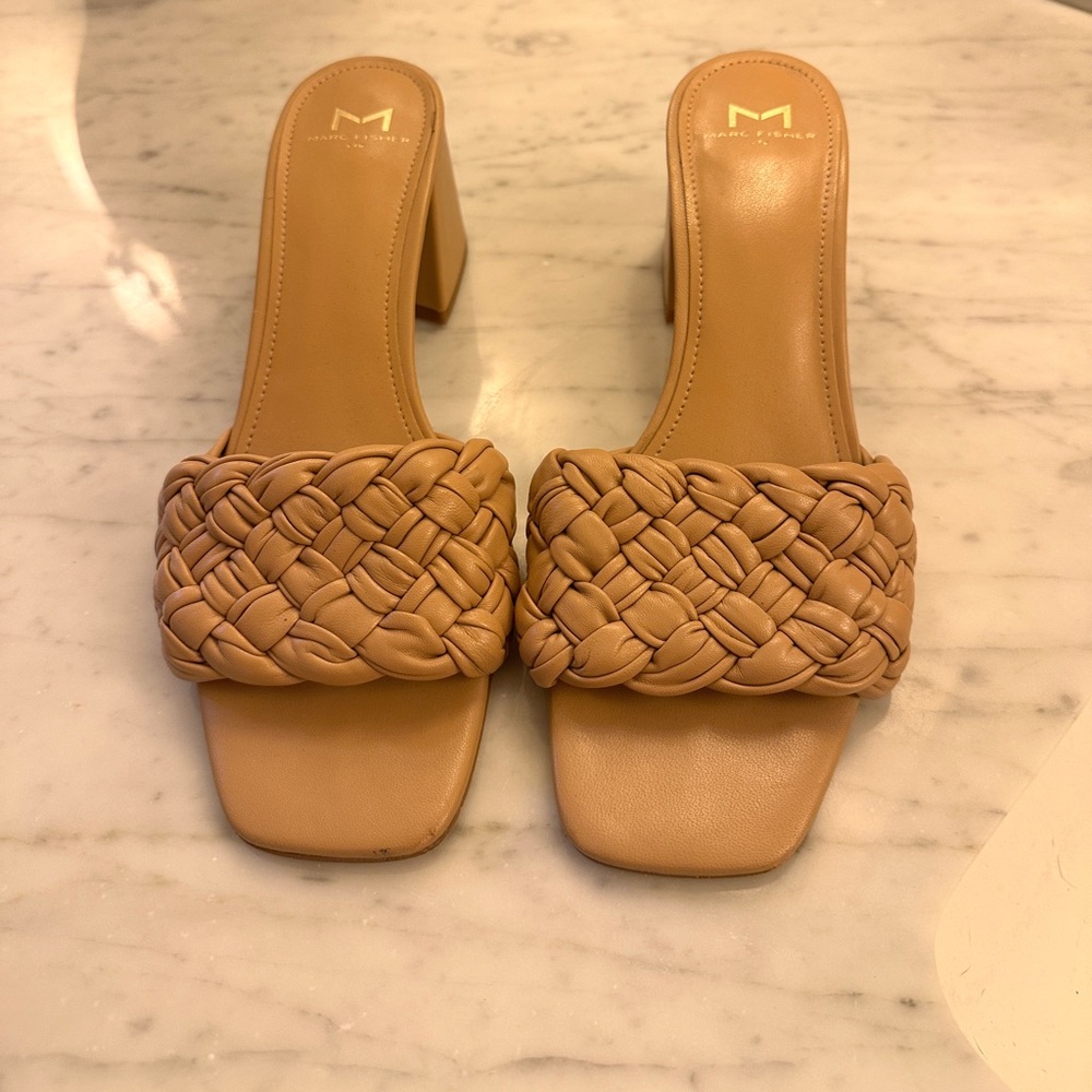 Marc Fisher Tan Woven Heeled Mules
